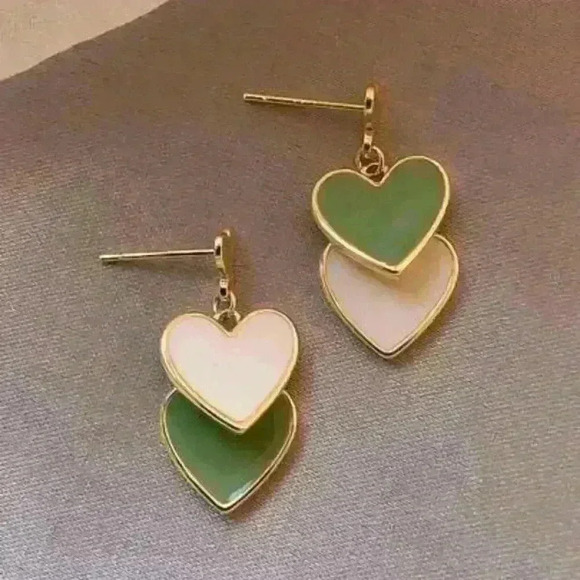 Double Green and White Heart Drop Earrings - Picture 2 of 4